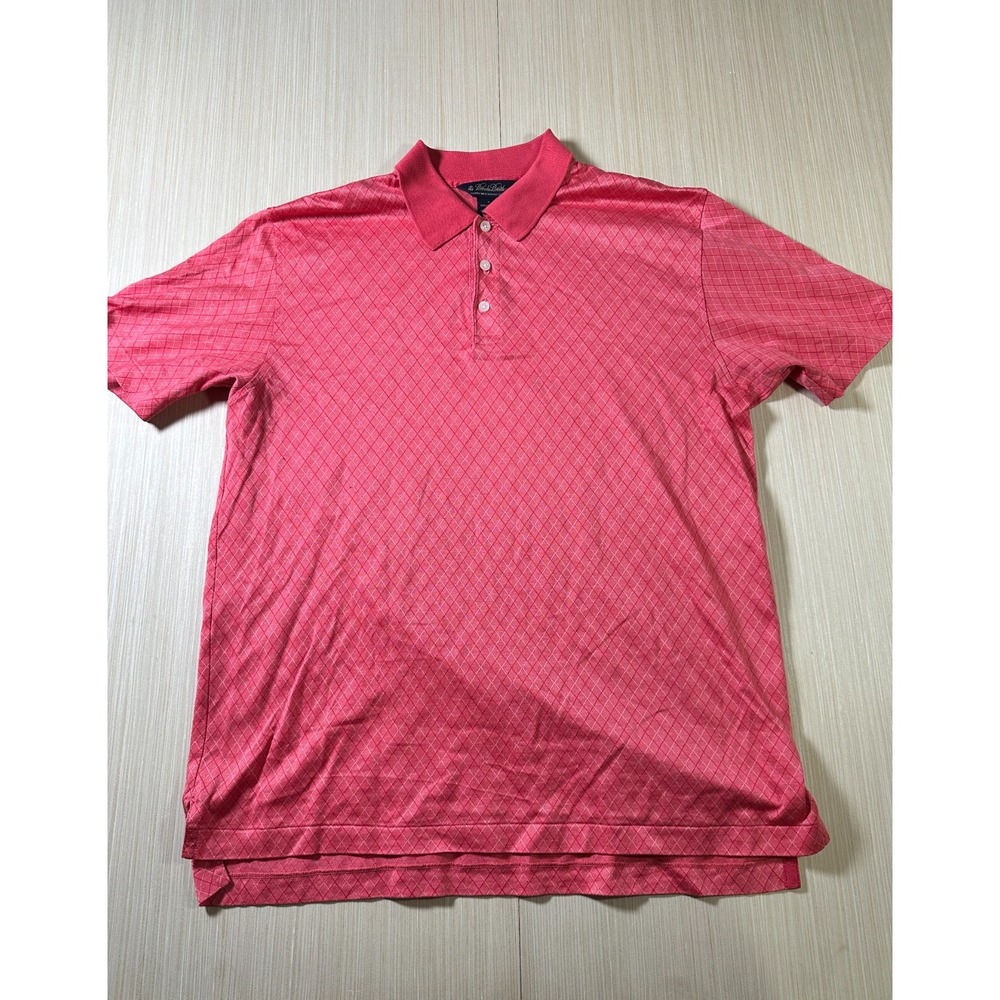 Brooks Brother Polo Shirt Men Medium Pink Diamond Argyle Cotton Knit Performance